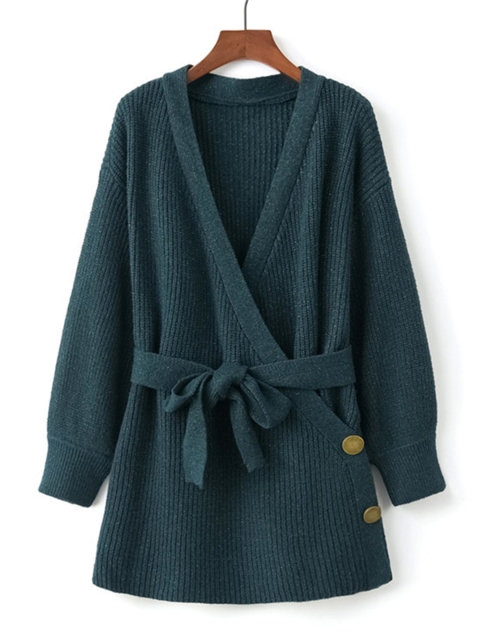 

URBANIC Women Teal Green Longline Cardigan with Belt