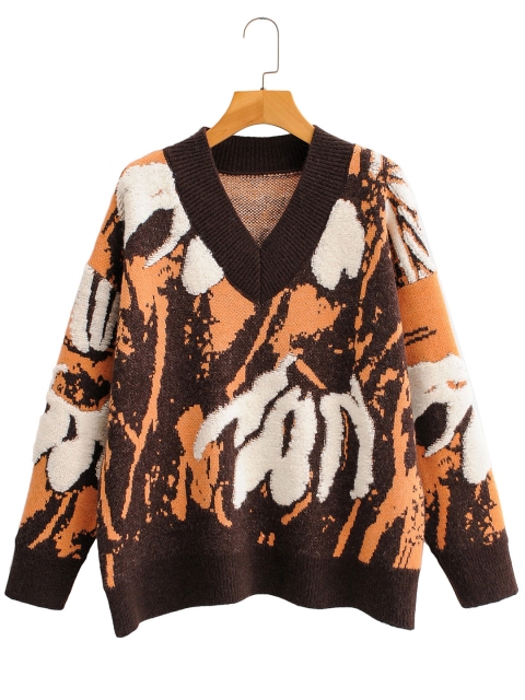 

URBANIC Women Orange & Off-White Jaquard Self-Design Pullover with Fuzzy Detail