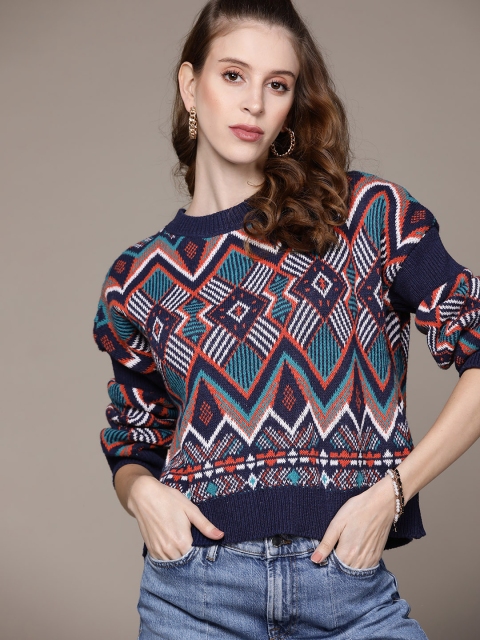 

URBANIC Women Navy Blue & Peach-Coloured Acrylic Argyle Self-Design Pullover