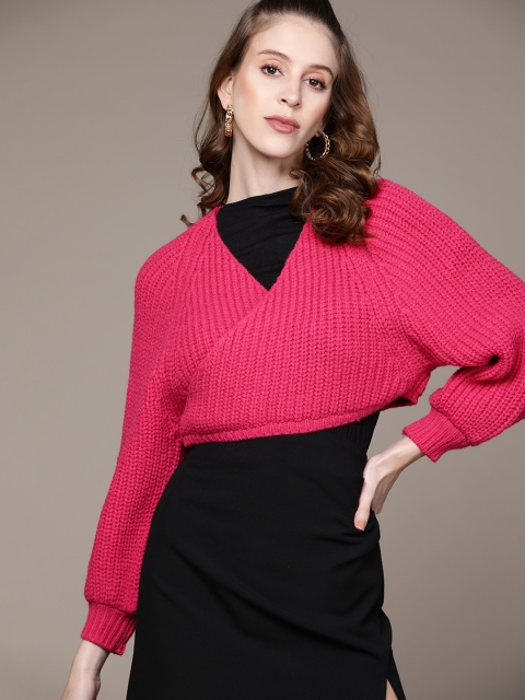 

URBANIC Women Fuchsia Pink Ribbed Crop Wrap Pullover