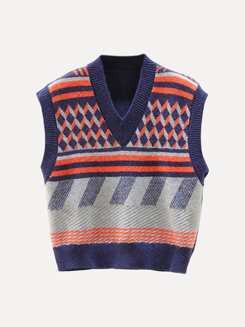

URBANIC Women Blue & Grey Geometric Patterned Sweater Vest