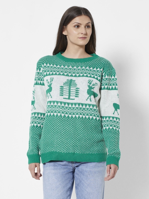 

URBANIC Women Green & White Fair Isle Printed Pullover