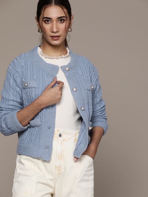 

URBANIC Women Blue Acrylic Cable Knit Self-Design Cardigan with Embellished Detail
