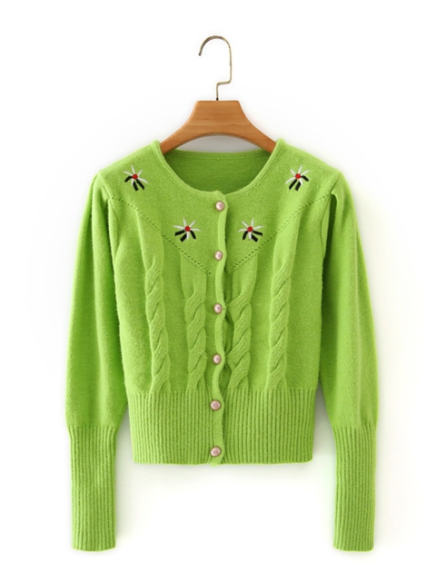

URBANIC Women Green Cable Knit Cardigan with Embroidered Detail