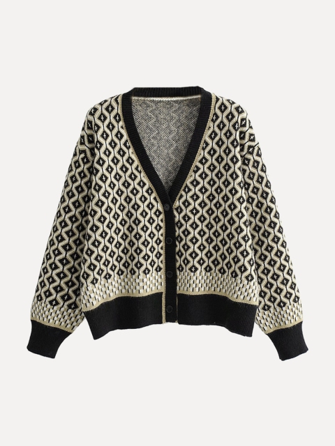 

URBANIC Women Black & Off-White Argyle Self-Design Cardigan