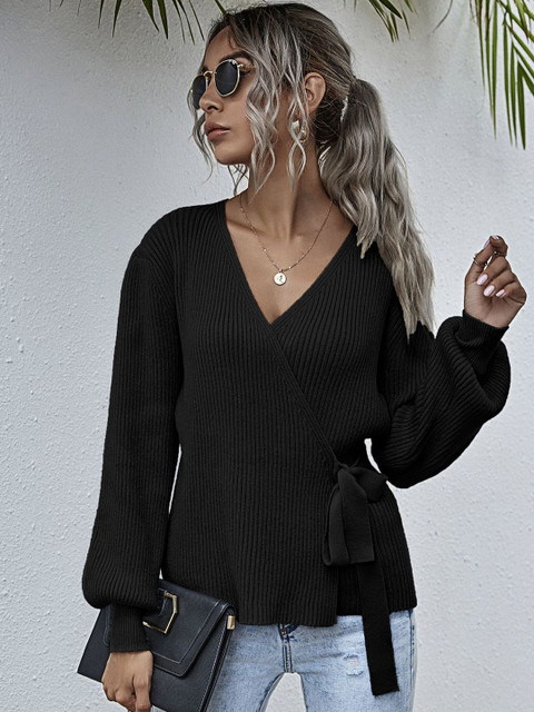 

URBANIC Women Black Ribbed Belted Wrap Cardigan
