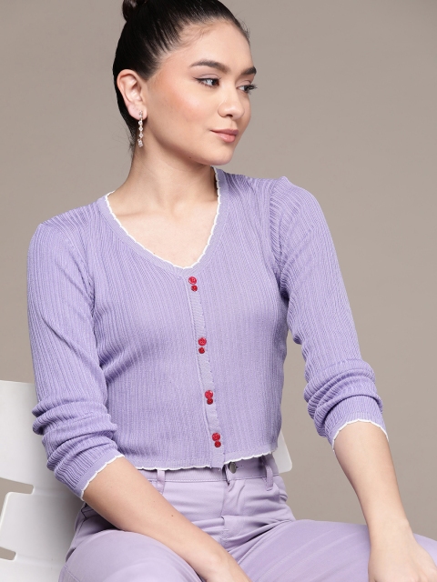 

URBANIC Women Lavender Ribbed Crop Pullover