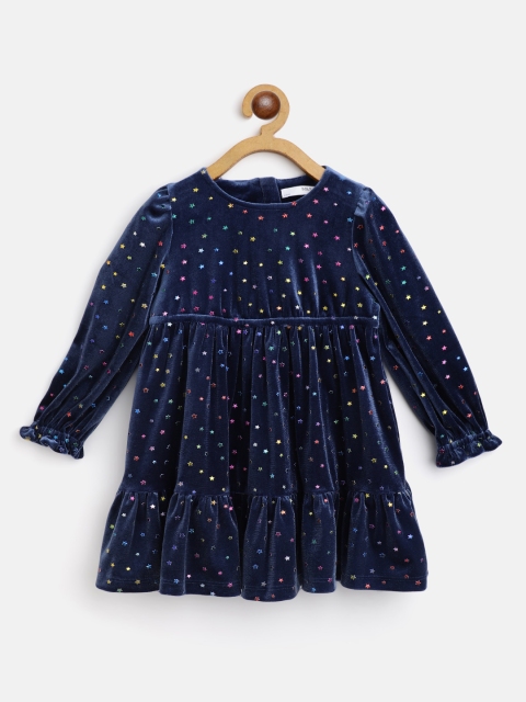 

Marks & Spencer Navy Blue & Pink Velvet Finish Star Print Tiered A-Line Dress