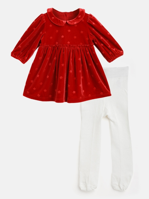 

Marks & Spencer Girls Red Stars Self-Design Peter Pan Collar Fit & Flare Dress & Stockings