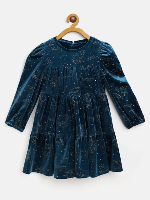 

Marks & Spencer Girls Teal Green & Golden Printed Glitter Velvet Finish Tiered ALine Dress