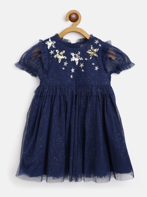

Marks & Spencer Girls Navy Blue & Silver Abstract Print Star Sequinned Net A-Line Dress