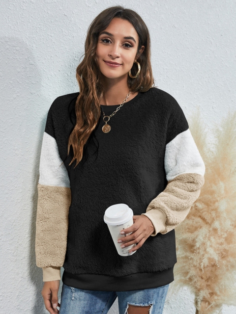 

URBANIC Women Black Solid Faux Fur Sweatshirt
