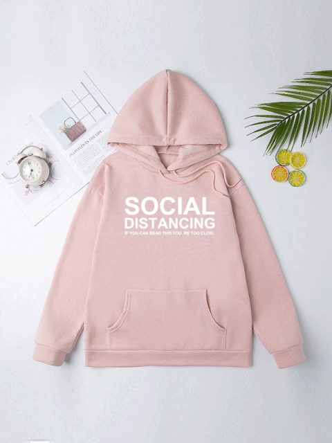 

URBANIC Women Pink & White Typography Print Relaxed Fit Hooded Sweatshirt