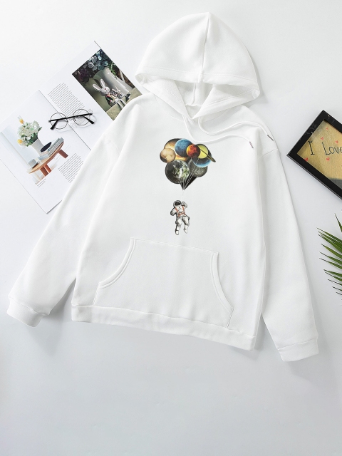 

URBANIC Women White Graphic Print Hooded Sweatshirt