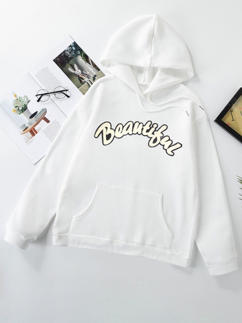 

URBANIC Women White Printed Hooded Sweatshirt