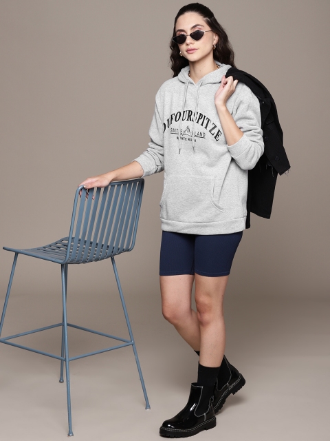

URBANIC Women Grey Melange & Black Typography Print Relaxed Fit Hooded Sweatshirt