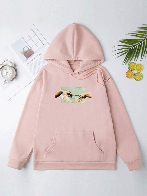 

URBANIC Women Pink & Beige Graphic Print Relaxed Fit Hooded Sweatshirt