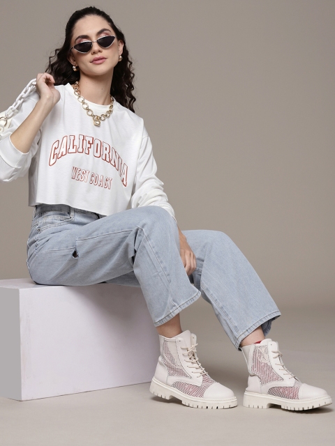 

URBANIC Women White & Red Typography Print Relaxed Fit Cropped Sweatshirt