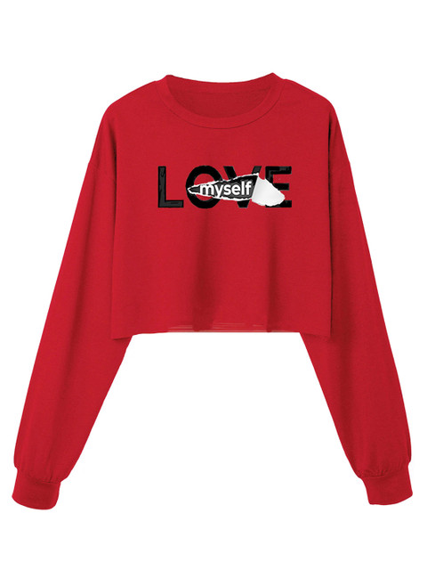 

URBANIC Women Burgundy & Black Typography Printed Crop Sweatshirt