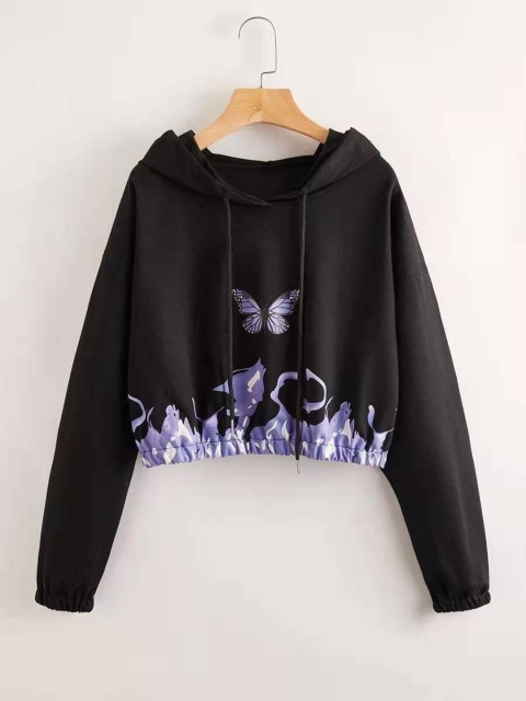 

URBANIC Women Black Butterfly Print Hooded Sweatshirt