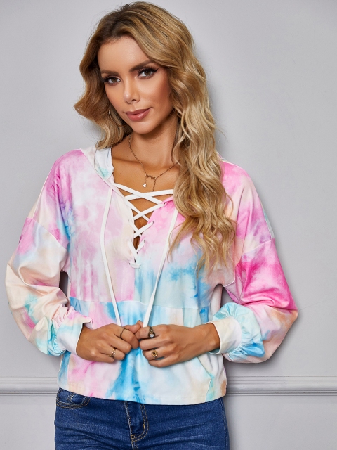 

URBANIC Women Pink & Blue Tie & Dye Relaxed Fit Hooded Lace Up Pullover Sweatshirt