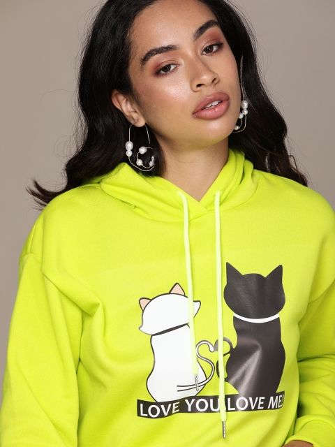 

URBANIC Women Fluorescent Green Printed Hooded Sweatshirt