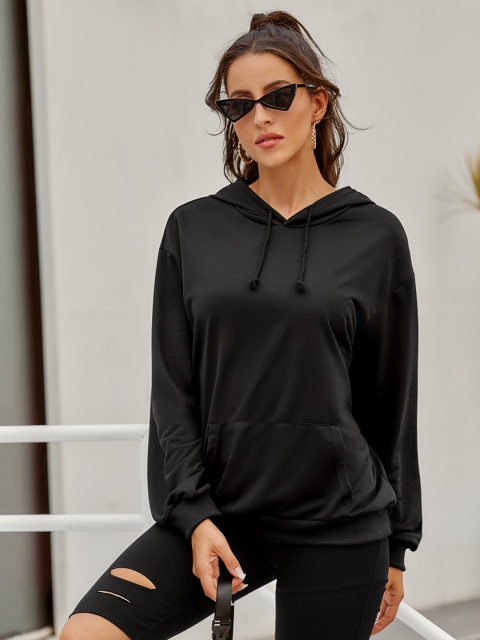 

URBANIC Women Black Solid Hooded Sweatshirt