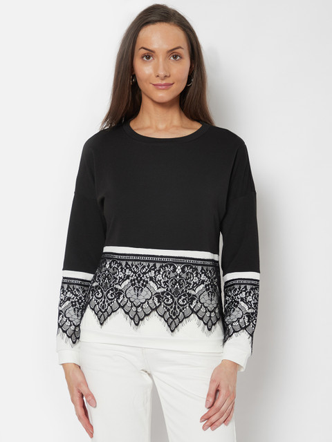 

URBANIC Women Black Lace Detail Sweatshirt