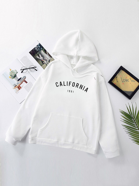 

URBANIC Women White & Black Typography Print Hooded Sweatshirt