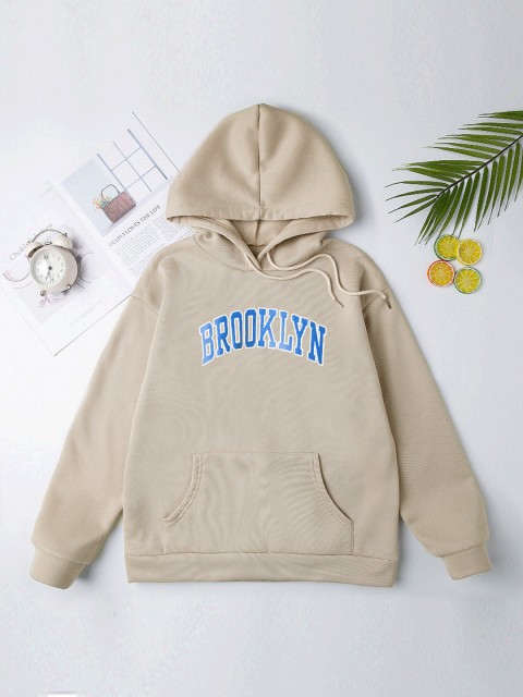 

URBANIC Women Beige & Blue Typography Printed Relaxed Fit Hooded Sweatshirt