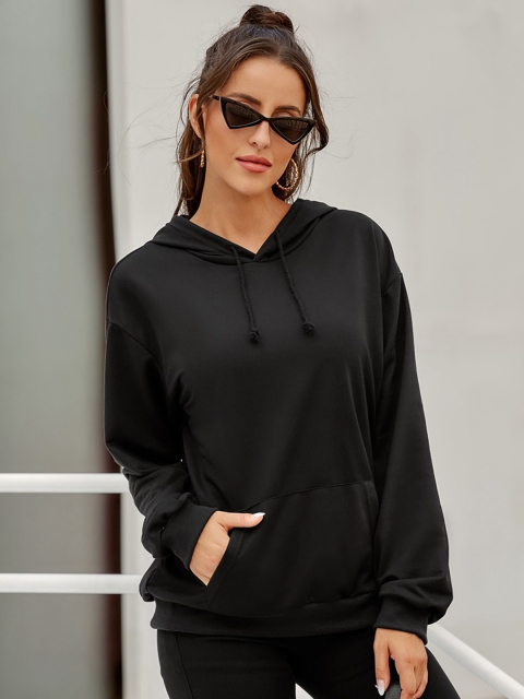 

URBANIC Women Black & White Back Graphic Print Longline Hooded Sweatshirt