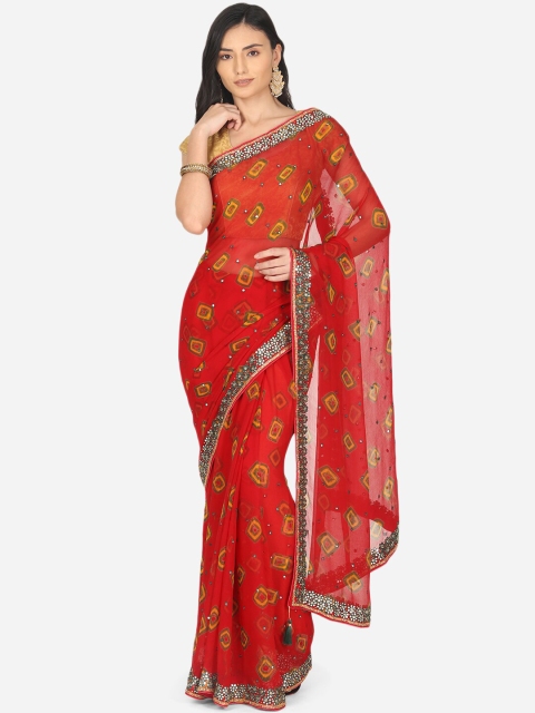 

BOMBAY SELECTIONS Red & Green Embellished Mirror Work Saree