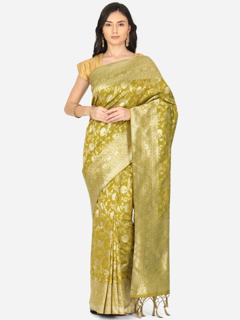 

BOMBAY SELECTIONS Green & Silver-Toned Woven Design Zari Art Silk Banarasi Saree