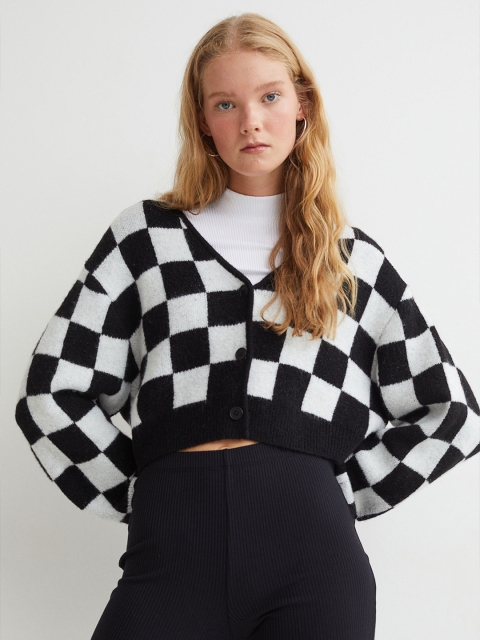 

H&M Women Black & White Jacquard-Knit Cardigan