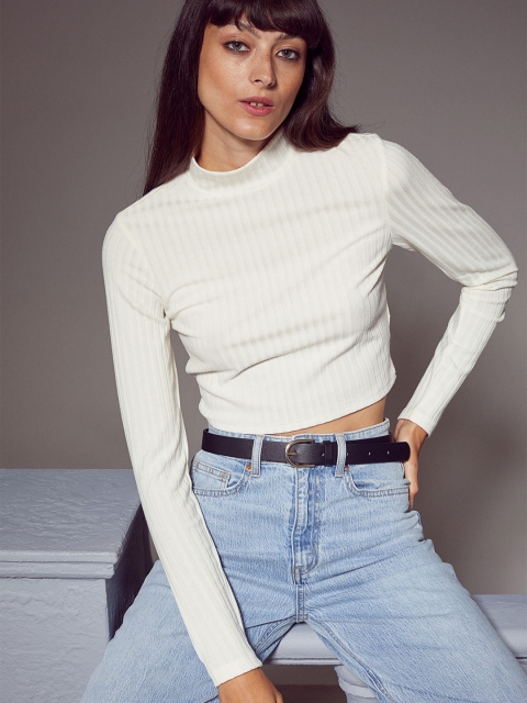 

H&M Women White Solid Cropped Turtleneck Top