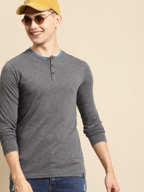 

United Colors of Benetton Men Charcoal Grey Henley Neck T-shirt
