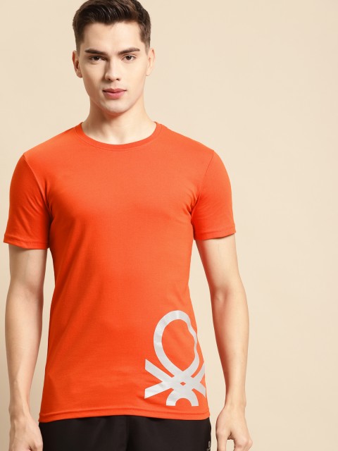 

United Colors of Benetton Men Orange & Grey Brand Logo Print T-shirt