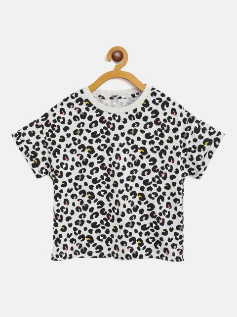 

Marks & Spencer Girls Grey Melange & Black Leopard Printed Drop-Shoulder Sleeves T-shirt