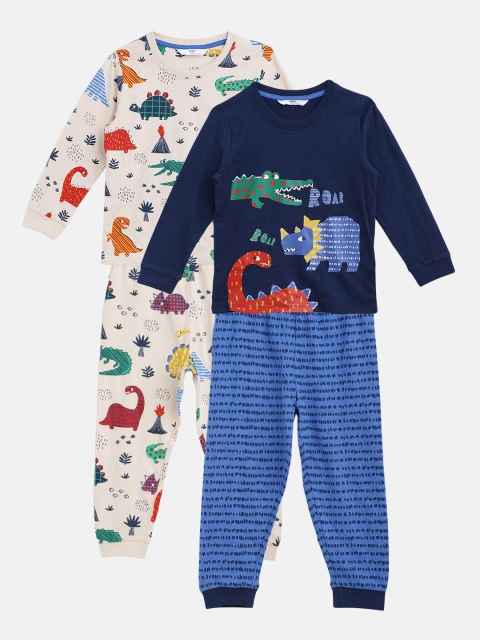 

Marks & Spencer Set of 2 Boys Navy Blue & Beige Conversational print Night Suits