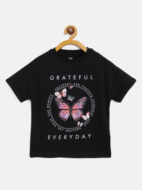 

Marks & Spencer Girls Black & Pink Pure Cotton Butterfly Printed T-shirt