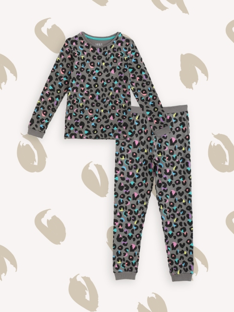 

Marks & Spencer Girls Charcoal Grey & Black Skinny Fit Leopard Printed Pyjamas Set