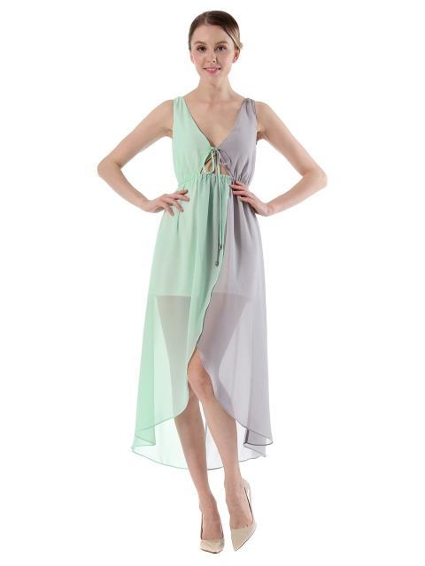 

URBANIC Green & Grey Colourblocked A-Line Midi Dress with Tie-Ups