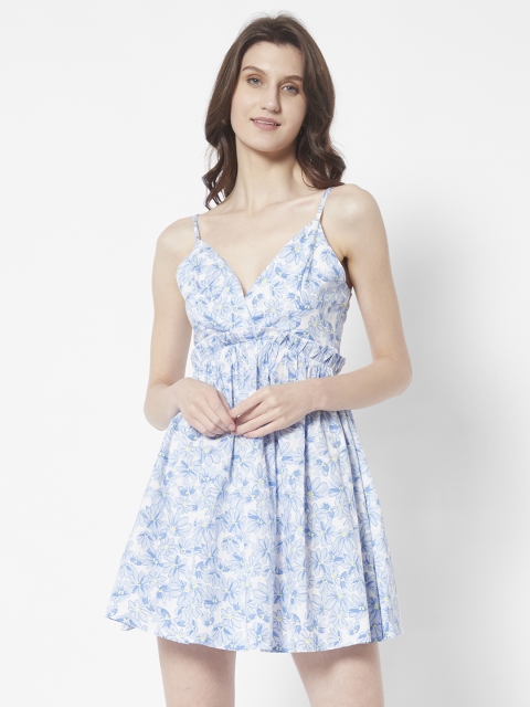 

URBANIC Blue & White Floral A-Line Dress