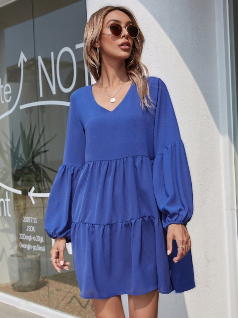 

URBANIC Blue Solid Tiered Trapeze Mini Fit & Flare Dress