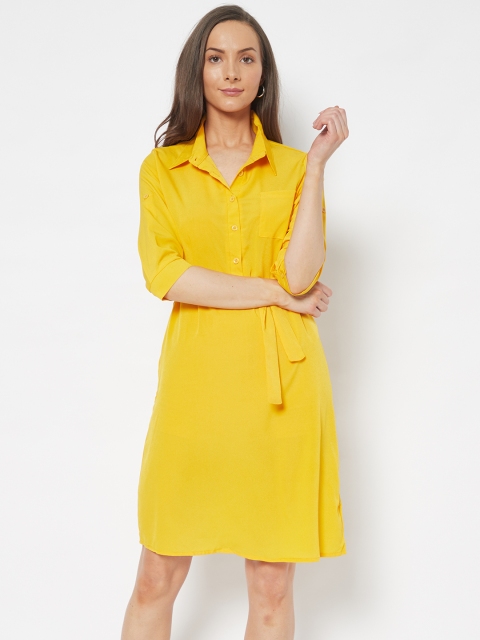 

URBANIC Mustard Yellow Solid Shirt Dress With Belt