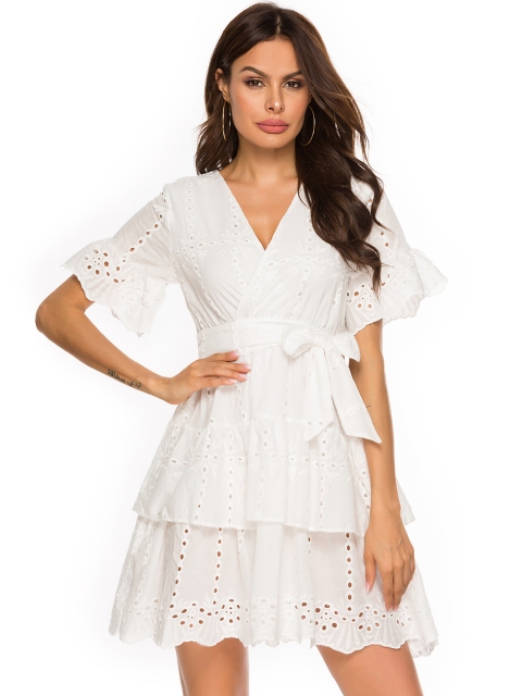 

URBANIC White Schiffli Embroidered Layered Mini Dress