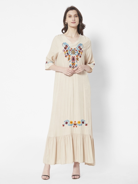 

URBANIC Beige Ethnic Motifs Embroidered Maxi Dress