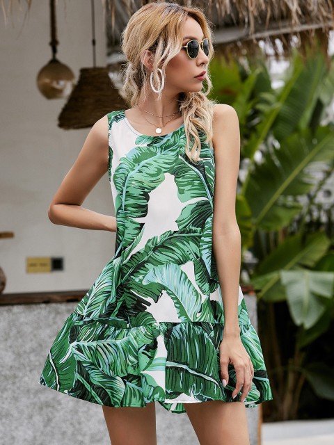 

URBANIC Green & White Tropical A-Line Smock Dress