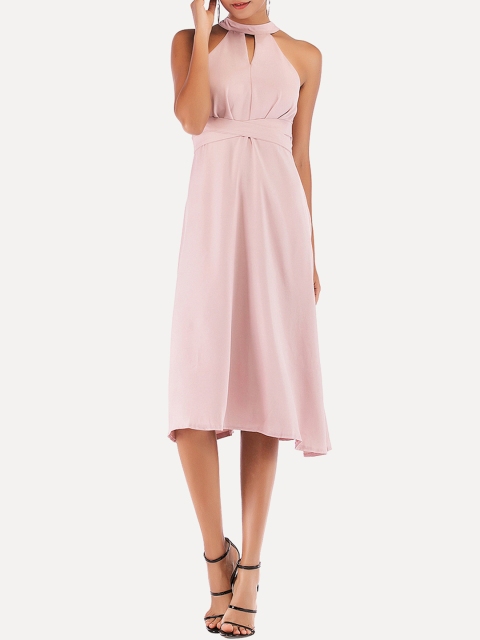 

URBANIC Women Pink Solid Keyhole Neck Belted A-Line Dress