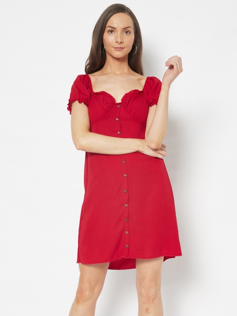

URBANIC Red Sweetheart Neck Solid A-Line Dress with Smocked Back